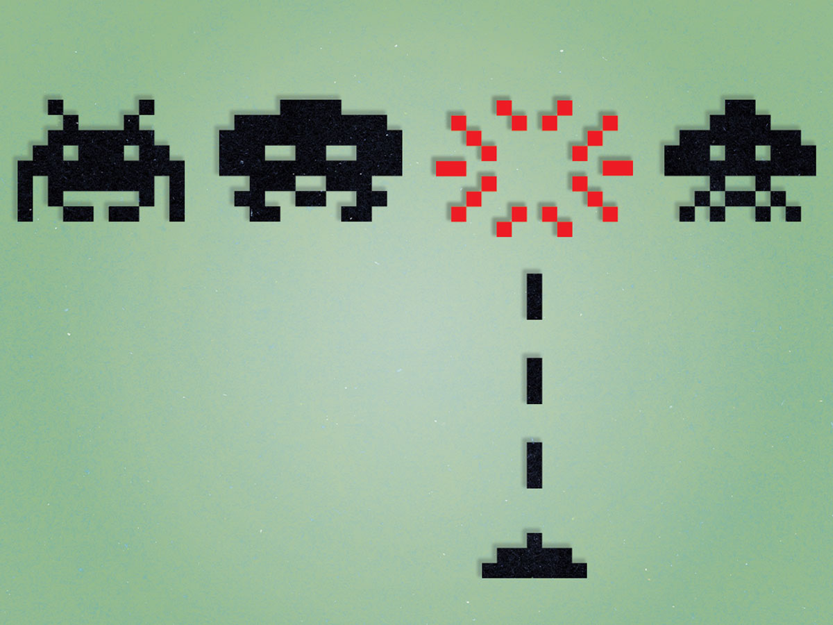 Illustration d'un jeu vidéo vintage avec un vaisseau spatial tirant sur un extraterrestre