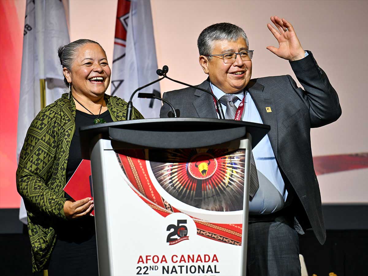 Terry Goodtrack and Elizabeth Richards, Chair of Ngā Kaitatau Māori o Aotearoa, at an AFOA event