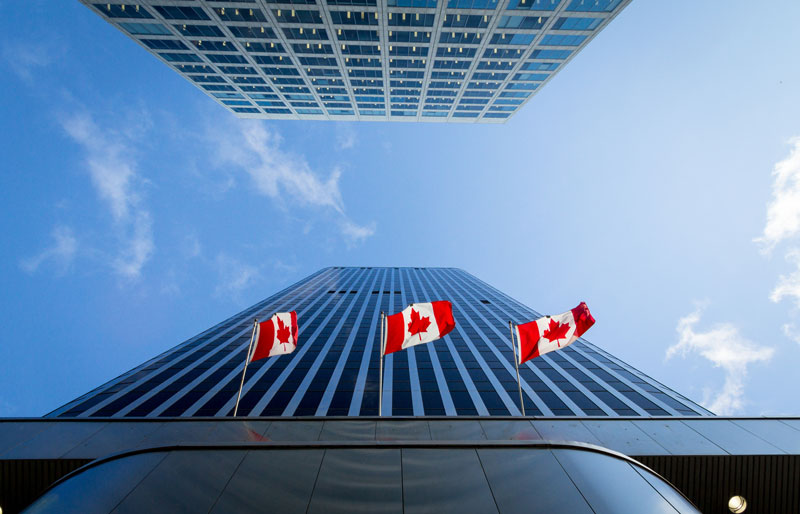View of buildings with Canadian flags.